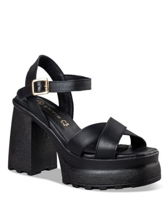 Envie Shoes Platform Leather Women's Sandals Black with Low Heel