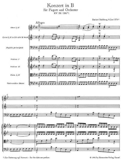 Mozart Concerto In Bb Major Basoon Pocket Score