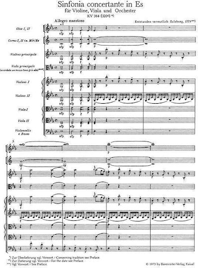 Mozart Sinfonia Concertantă în Mi bemol major Kv 364 Partitură de buzunar