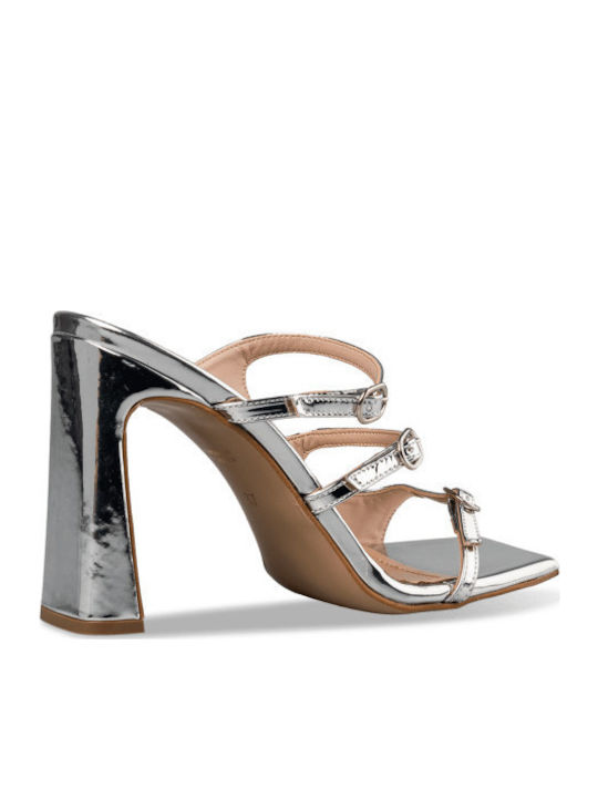 Leather Mules with Chunky High Heel in Silver Color