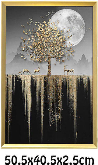 Tablou cu Ramă Aurie Design Copac Cerb Relief Pietre Tip Diamant 50.5x40.5x2.5cm