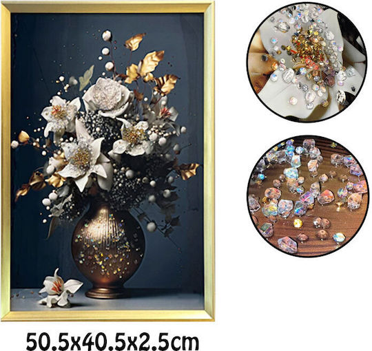 Tablou Pânză cu Ramă Aurie Design Flori Vază Pietre Relief Tip Diamant 50.5x40.5x2.5cm