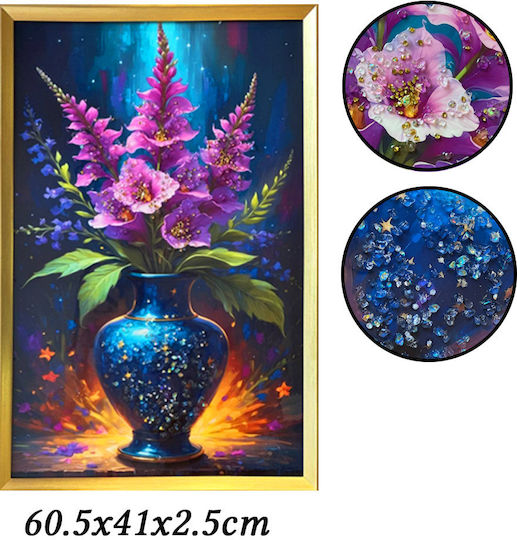 Tablou cu Ramă Aurie Design Pânză Flori Mov Vază Pietre Reliefate Tip Diamant 60.5x41x2.5cm