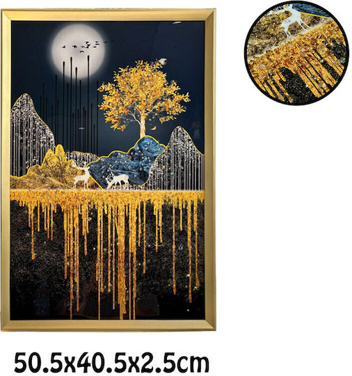 Tablou Pânză cu Ramă Aurie Design Cerb în Natură Pietre Relief Diamant Tip 50.5x40.5x2.5cm