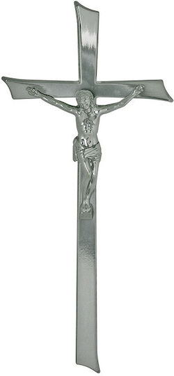 Cruce Memorială din Aluminiu cu Crucifix Cromat Pictat Dimensiune 35 X 20 cm