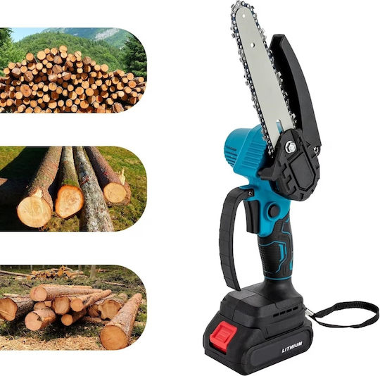 Elektrische Mini-Kettensäge 4-Zoll-Klinge 2 Akkus 48V Zubehörkoffer Schwarz-Blau