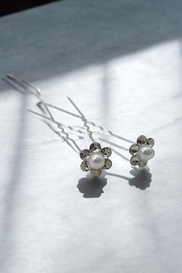Bridal Hair Pins Silver Flower Shape Pearl 0.4cm in the Middle Set of 2 Pieces
