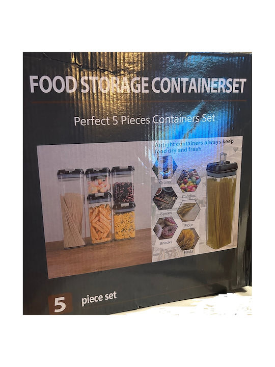 Food Set of 5 Pieces Jars for Sugar Cereal Pasta Coffee Tea with Airtight Lid Plastic Brown 1200ml