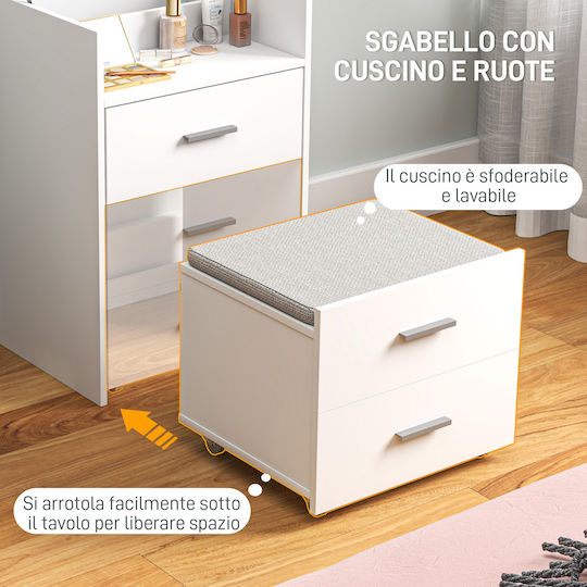 Masută De Toaletă De Podea Din Lemn Albă Cu Oglindă Și Taburet 50x40x113.5cm