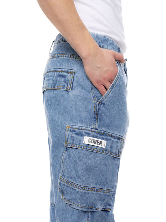 Men's Elastic Cargo Jeans Pants with Regular Fit Washed Blue Denim