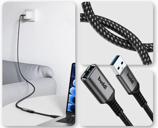 Buddi USB 2.0 Kabel USB-A-Stecker - USB-A-Stecker / USB-A-Buchse / USB-B-Stecker Schwarz 4.5m
