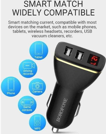 Borofone Bz11 Car Charger 24W 2.1A with Ports: 2xUSB Black Color