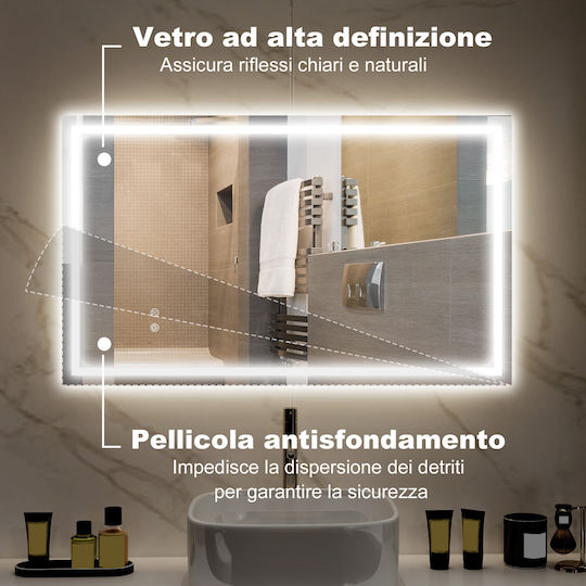 HomCom Правоъгълно Банско Огледало LED Touch с Дължина 100см Бял