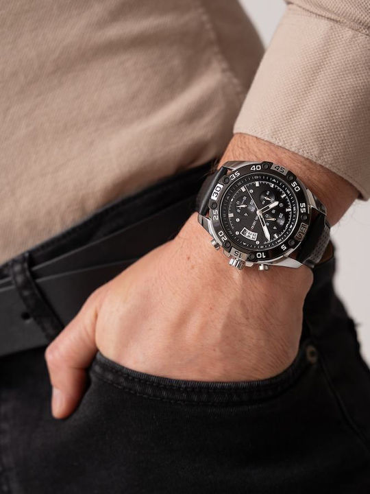 Paul Lorens Ανδρικό Ρολόι 46mm Χρονογράφος Μπαταρίας με Μαύρο Δερμάτινο Λουράκι