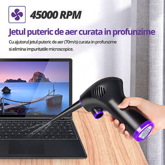 Suflantă de Aer Edman pentru Îndepărtarea Prafului de pe PC Aer Condiționat Tastatură Jaluzele Canapea Telefon Lentilă Cameră Două Tipuri de Duze Lanternă cu LED Fără Fir Negru