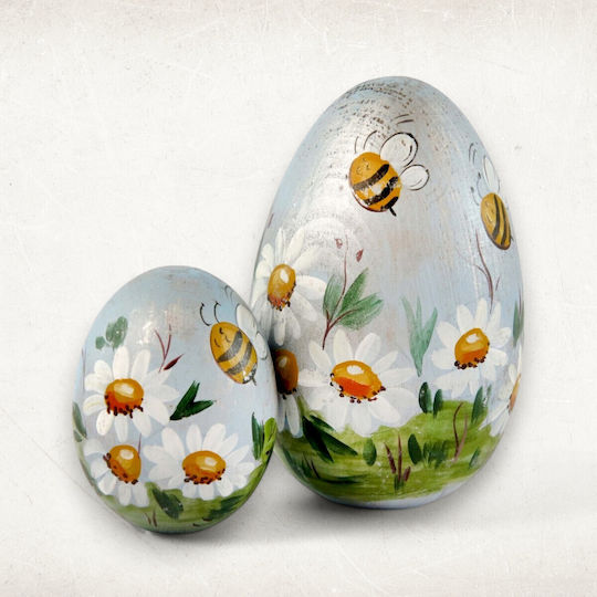 Wooden Decorative Egg “white Daisies Bees” Ø8.5cm X 15cm