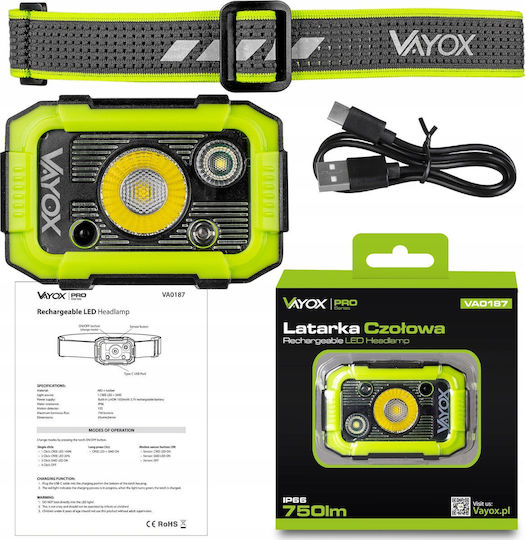 Vayox Επαναφορτιζόμενος Φακός Κεφαλής LED IP66 με Μέγιστη Φωτεινότητα 750lm