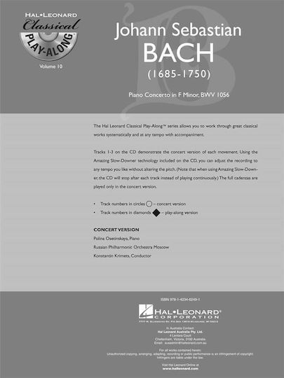 Classical Play-along Bach Piano Concerto In F Minor Bwv 1056 & Cd