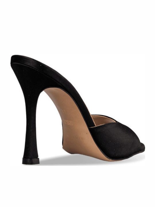 Satin Mules with Thin High Heel in Black Color
