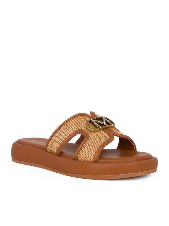 Leather Women's Flat Sandals in Tabac Brown Color