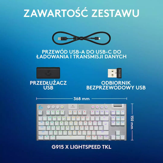 Logitech G915 X Lightspeed Drahtlos Gaming Mechanische Tastatur Tenkeyless mit RGB-Beleuchtung (Englisch US) Weiß
