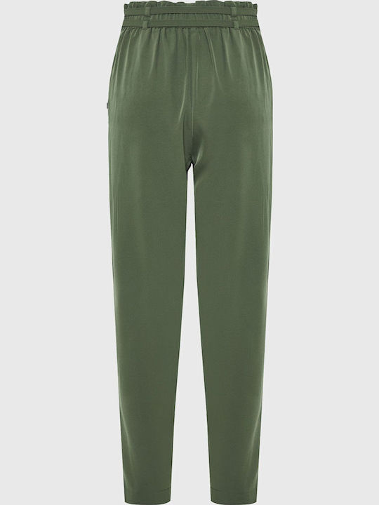 Damen Hoch tailliert Stoff Hose mit Gummizug Khaki