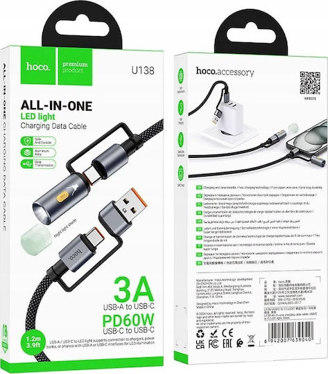 Hoco U138 LED / Braided USB 2.0 Cable USB-C male - USB-C / USB-A 60W Μαύρο 1.2m