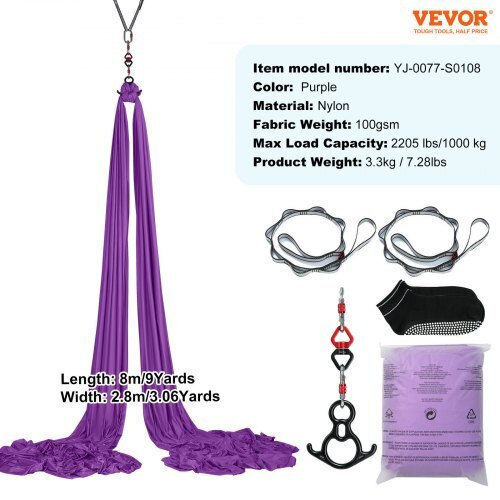 Aerial Yoga Swing 8.7 Yards Aerial Yoga Hammock Nylon Fabric 100% Material Easy Setup Guide Aerial Flight All Fitness Levels Purple