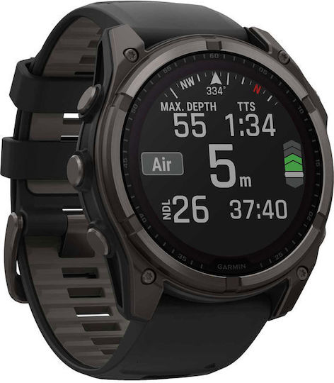 Garmin Fenix 8 Solar Титан 51мм Водоустойчив Смартчасовник с Пулсомер (Sapphire, Carbon Grey Dlc Titanium With Black/pebble Grey Silicone Band)