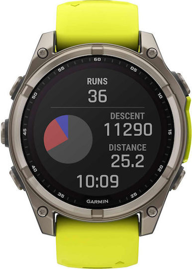 Garmin Fenix 8 Solar Titanium 47mm Αδιάβροχο Smartwatch με Παλμογράφο (Sapphire, Titanium With Amp Yellow/Graphite Silicone Band)