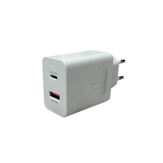 Treqa Ladegerät ohne Kabel mit USB-A Anschluss und USB-C Anschluss 35W Weißs (CH-639)