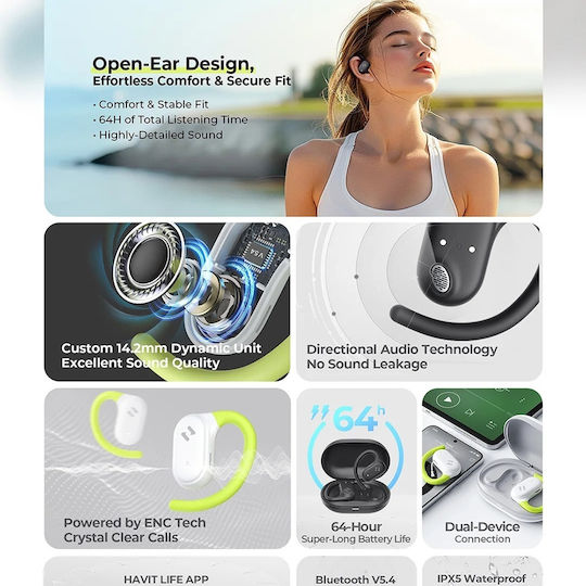 Havit OWS915 Open Ear Bluetooth Handsfree Earphones with Sweat Resistance and Charging Case White