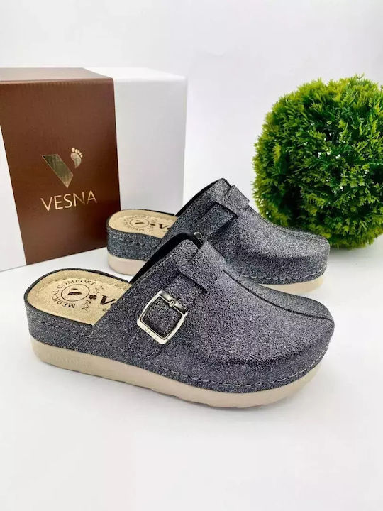 Vesna Damen Leder Anatomisch Clogs Περλέ Μαύρο