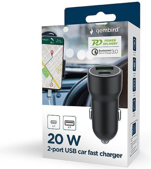 Gembird Автомобилен Зарядно Устройство 20W 4A с Портове 2xUSB-A 1xType-C Черен Цвят