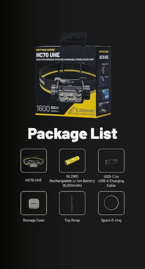 NiteCore Презареждащ се Челник LED IP68 с Максимална Яркост 1600лм Hc70 Uhe Черен