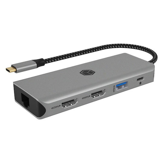 Icy Box IB-DK4012-CPD USB-C Docking Station mit HDMI 4K PD Ethernet und Verbindung 2 Monitore Gray