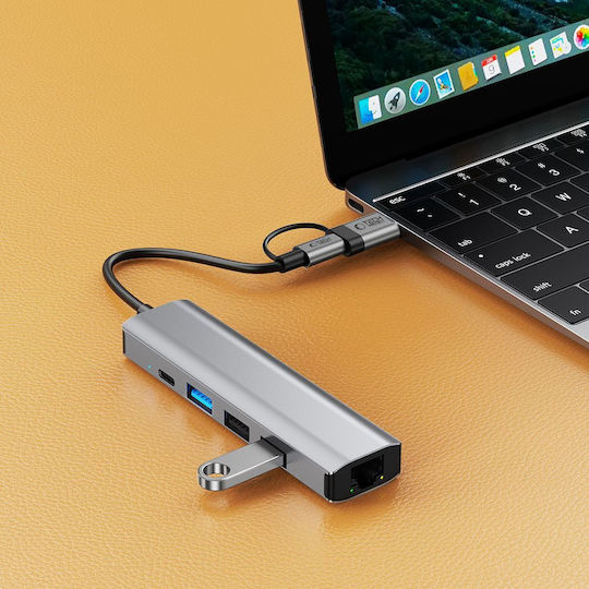 Tech-Protect HB03 Hub 4 Θυρών USB 3.0 με σύνδεση USB-A / USB-C / Ethernet Γκρι