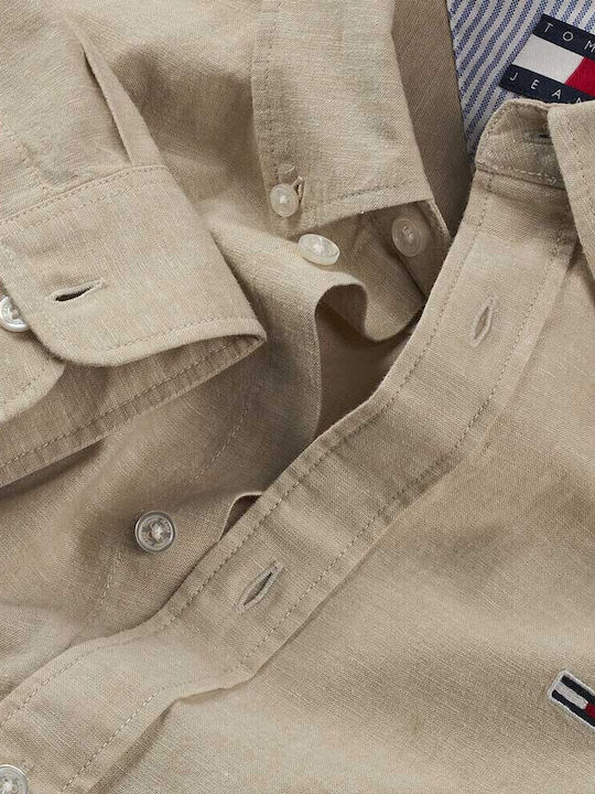 Langärmlig Leinen Hemd Gestreift Beige