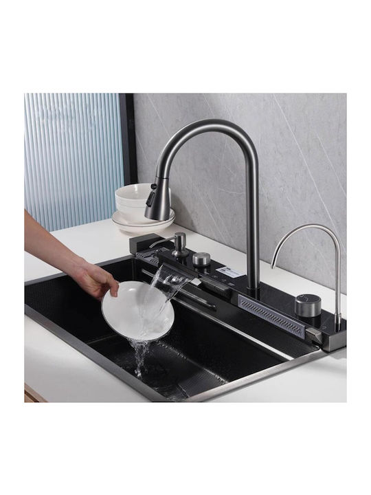 Plantex Smart Dual Waterfall Kitchen Sink 304 Grade Stainless Steel Sink Digital Display Led Panel Integrated Waterfalls & Pull Down Faucet Multifunctional Sink 30x18 Inches Nano Black