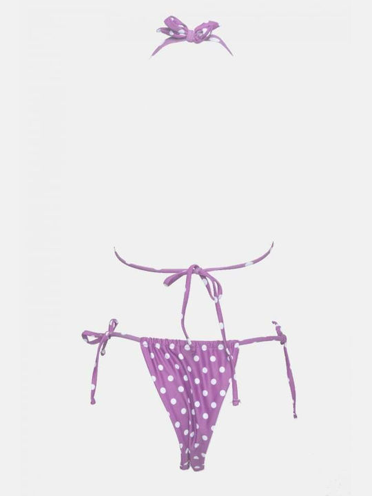 Set Bikini 3 Τεμαχίων Τριγωνάκι με Αφαιρούμενη Ενίσχυση Πουά Λιλά
