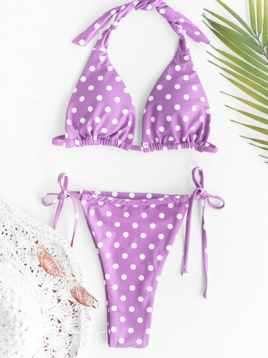Set Bikini 3 Τεμαχίων Τριγωνάκι με Αφαιρούμενη Ενίσχυση Πουά Λιλά