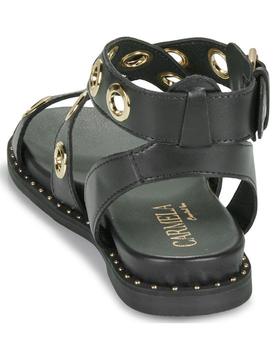 Carmela Leather Women's Flat Sandals with Strap in Black Color