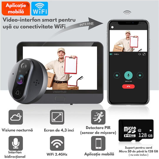 Smart Wi-Fi Video Intercom HD 1080p Camera Visionhub 2MP 4.3-inch LCD Screen Two-Way Audio Video Call PIR Motion Sensor Night Vision 5000mAh Battery SD Card Support Mobile App 24/7 Surveillance