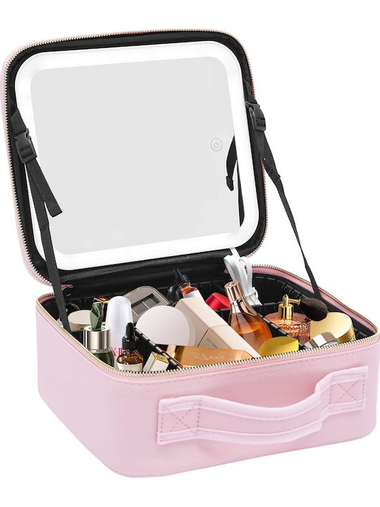 Travel Cosmetic Textile Bag Tecos Dimensions 26x23x11 Cm Illuminated Makeup Mirror Led Technology Double Zipper Multiple Compartments Black