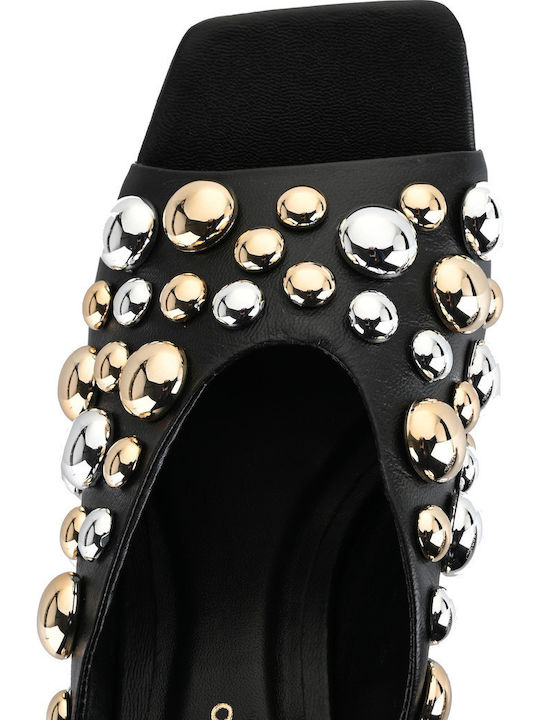 Leather Mules with Thin High Heel in Black Color