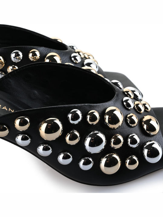Leather Mules with Thin High Heel in Black Color