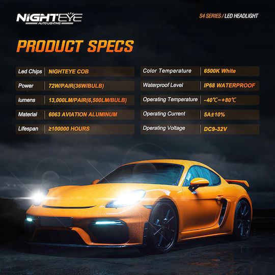 Nighteye Λάμπες Αυτοκινήτου H4 LED 6500K Ψυχρό Λευκό 32V 72W