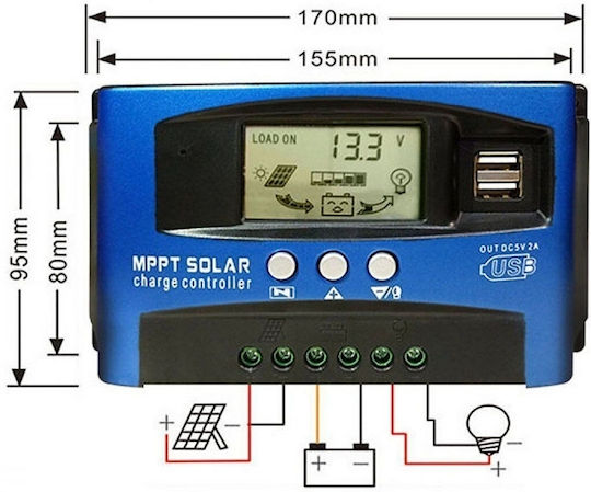 Controler de încărcare solară MPPT 30A, afișaj LCD dublu, 12V 24V, USB, baterie litiu, albastru