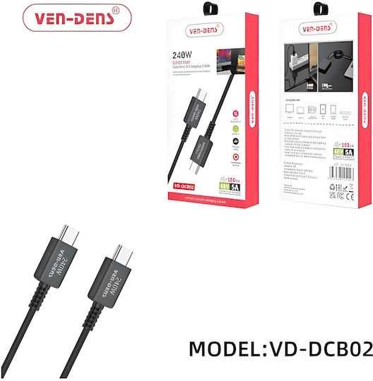 Ven-Dens Magnetic USB 2.0 USB-C Cable Male - USB-C 240W PD Black 1.8m