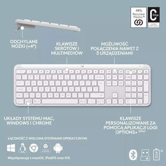 Logitech Signature Slim Combo MK950 Ασύρματο Bluetooth Σετ Πληκτρολόγιο & Ποντίκι Αγγλικό US Λευκό